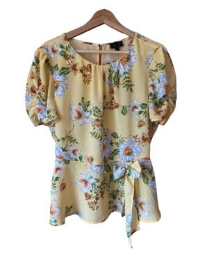 OLM Yellow Floral Gauzy Tie-Waist Puff Sleeve Peplum Blouse size XL